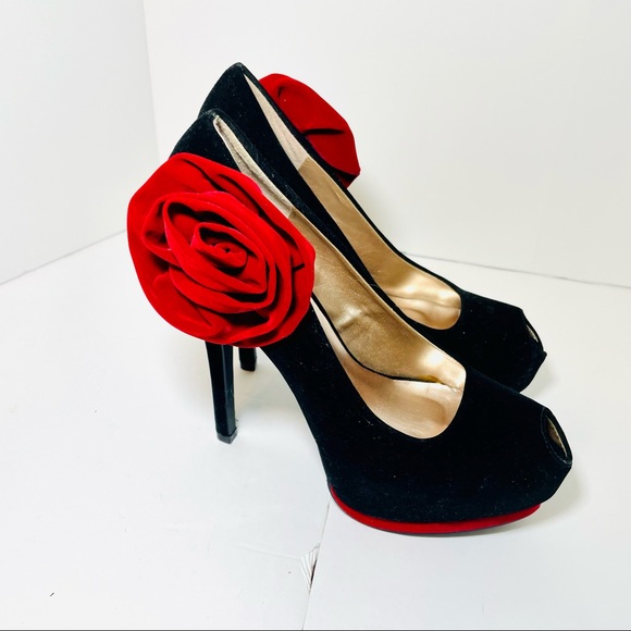 Qupid Red Rose Salsa Platform Heels - Picture 3 of 11